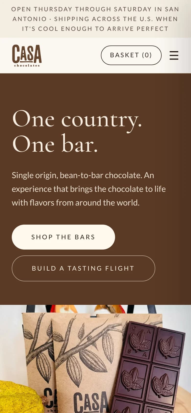 The homepage of the Casa Chocolates site on a phone.