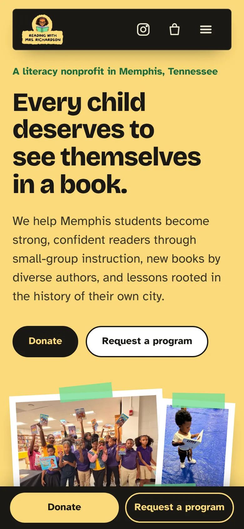 The homepage of the Reading With Mrs. Richardson site on a phone.