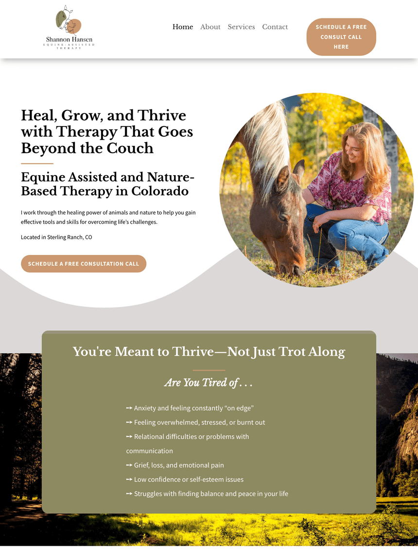 Shannon Hansen Therapy website homepage, Web Design · Littleton, CO